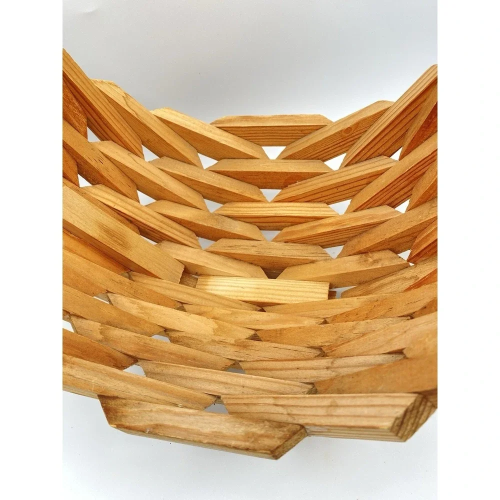 Vintage MCM Handmade Wood Geometric Block‎ Basket Bowl Mid Century Decor